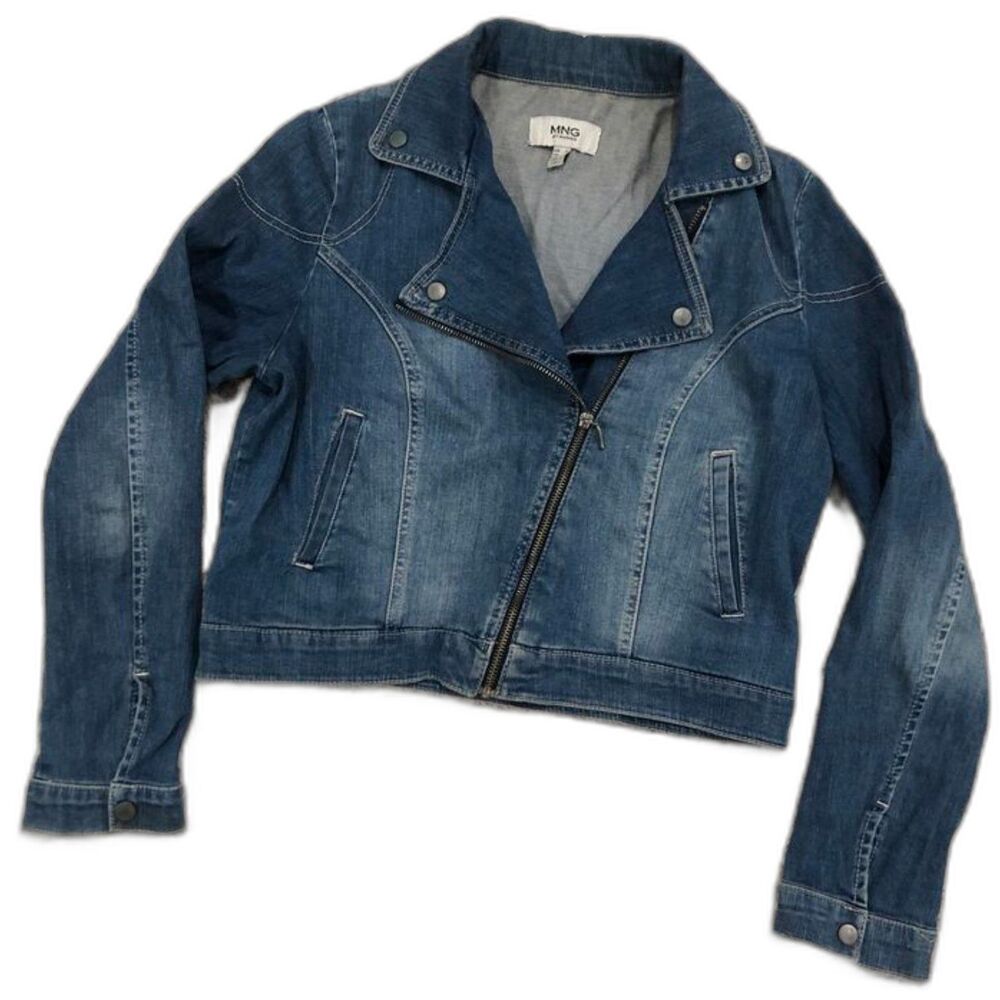 MNG By Mango Light Blue Stretch Denim Jean Moto Motorcycle Jacket Size Large